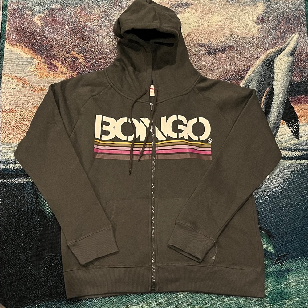 vintage-style Bongo brand zip-up hoodie in charcoal grey